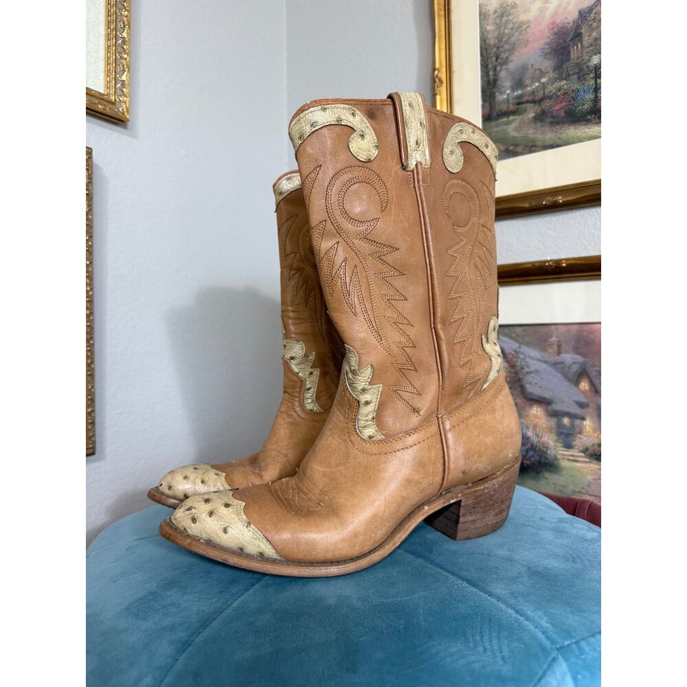 Vintage Ostrich Brown & Cream Western Boots